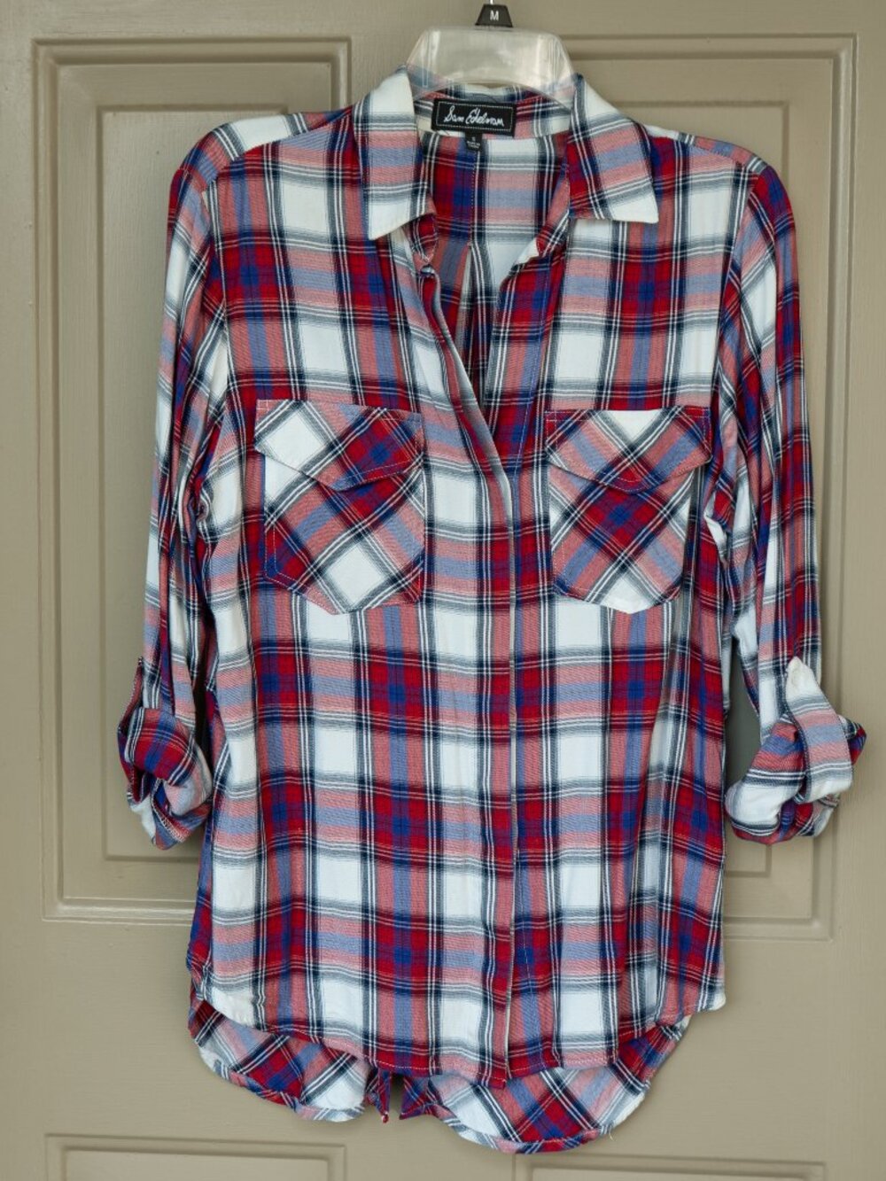 Sam Edelman Plaid Shirt Tunic Top Flowy Loose Roll Tab Blue Red High Low